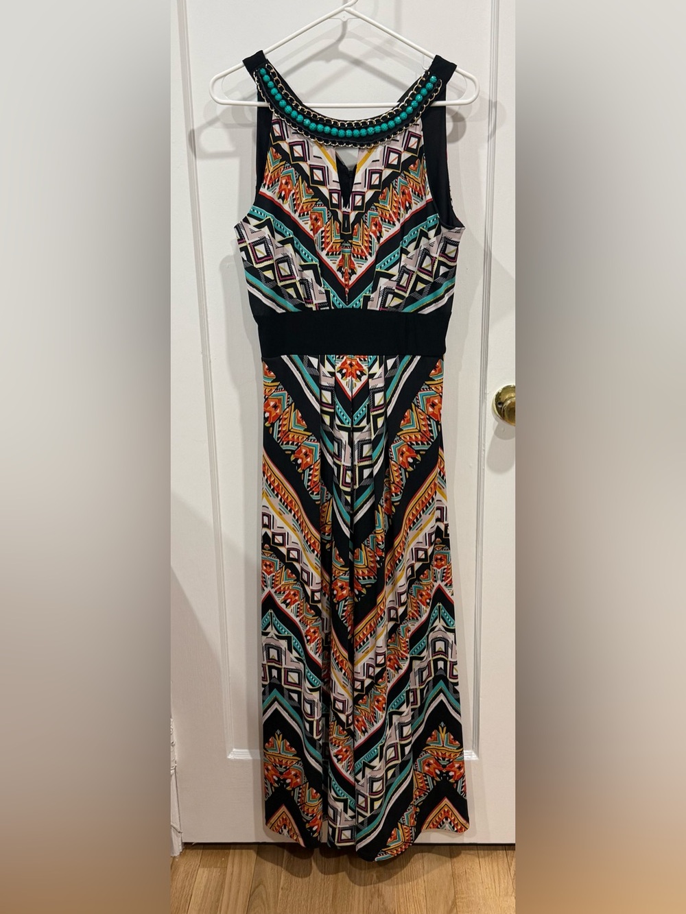Ronni Nicole Black Maxi Dress with Teal, Orange & Yellow Geometric Print